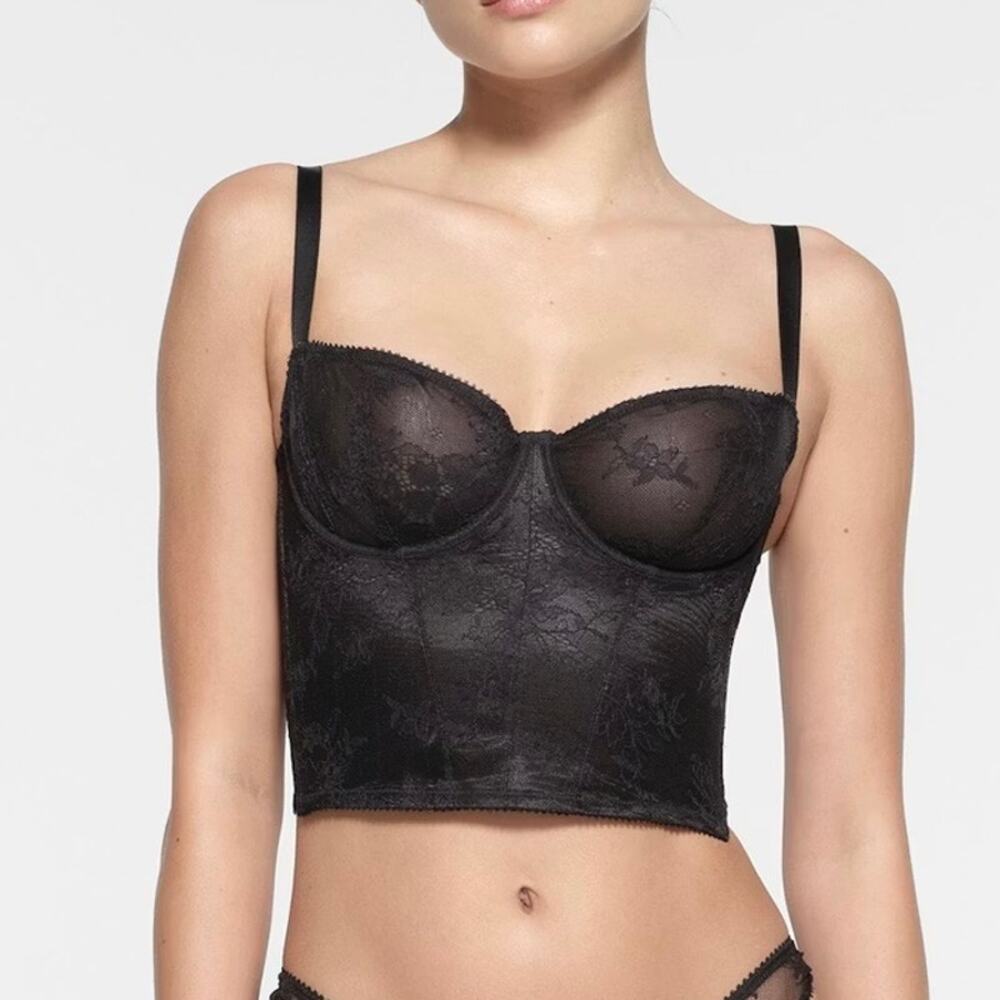 Skims Ultra Fine Lace Corset Bra Black Onyx Large NEW